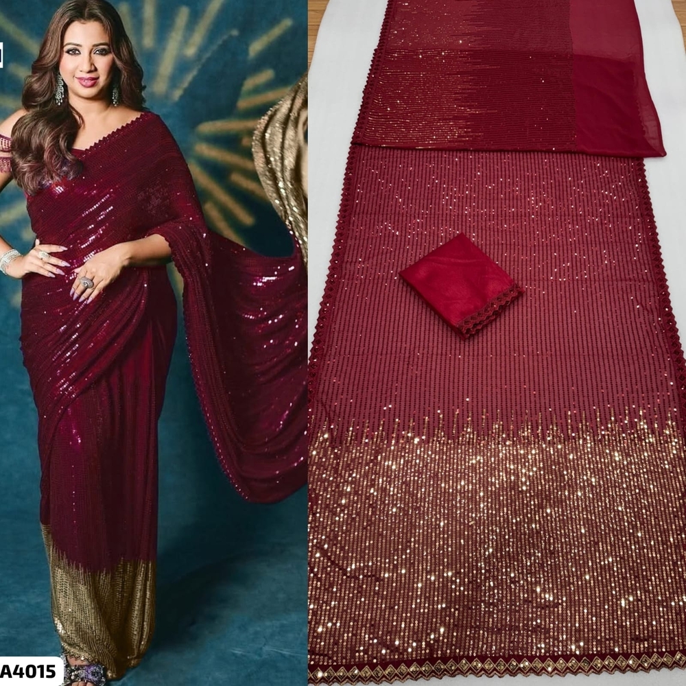Elegant Burgundy and Gold Sequin Saree